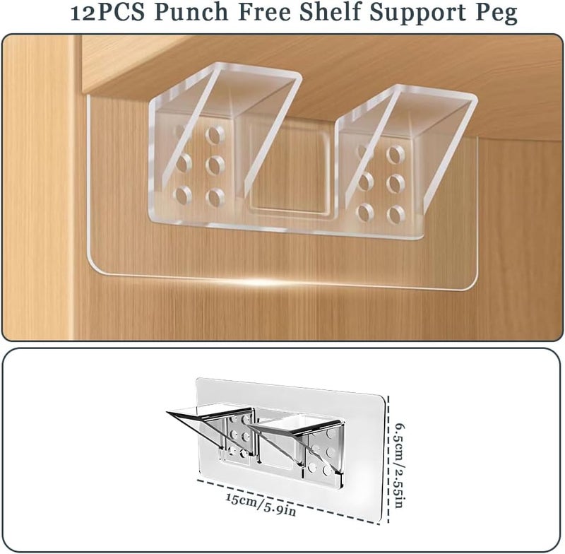 Jaxbo 12 Pcs Punch Free Shelf Support Peg，Self Adhesive Support Shelf Bracket，Strong Load Bearing for Shelves Kitchen Cabinet Book Closet - Image 2